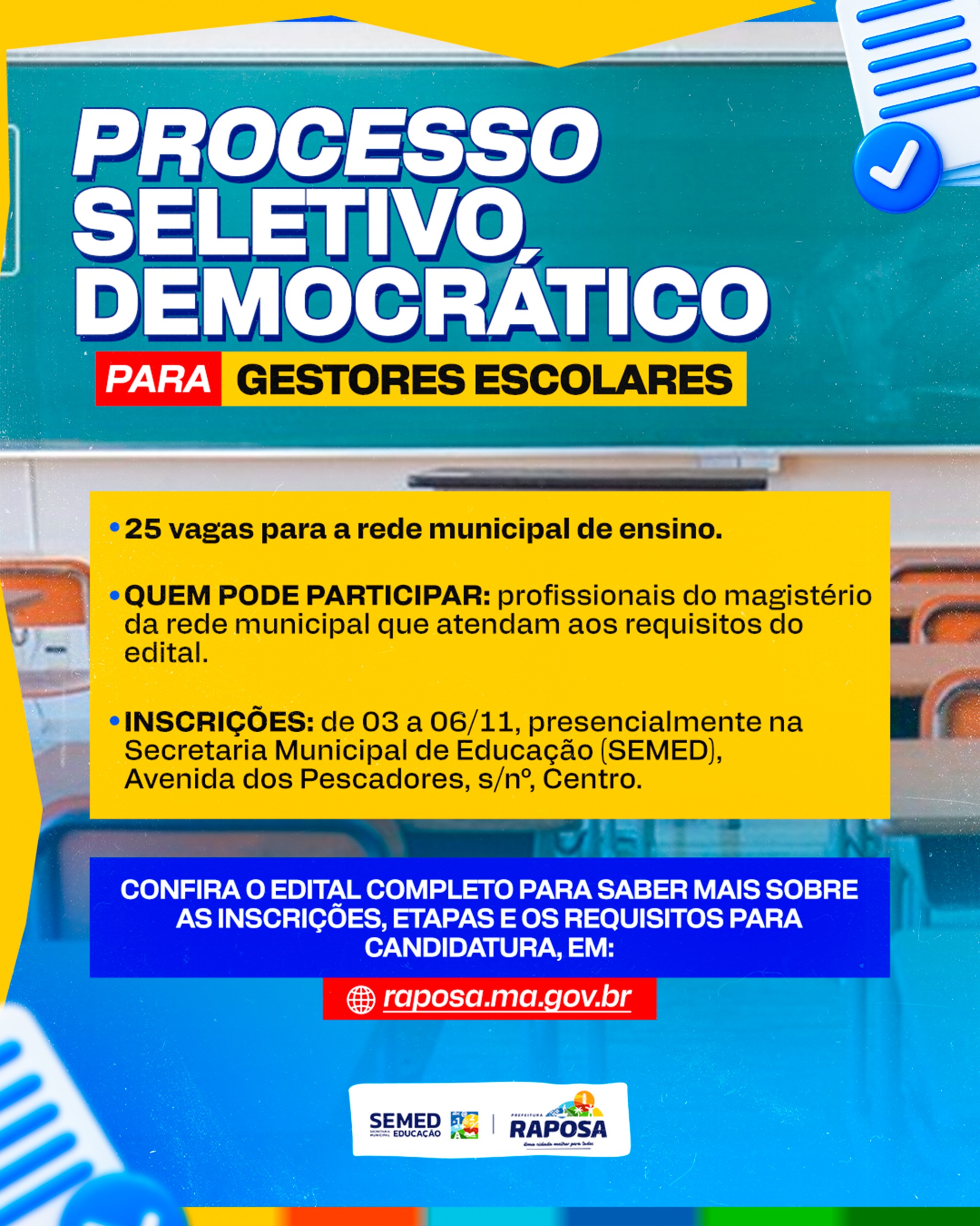 Prefeitura de Raposa abre processo seletivo democrático para escolha de gestores escolares